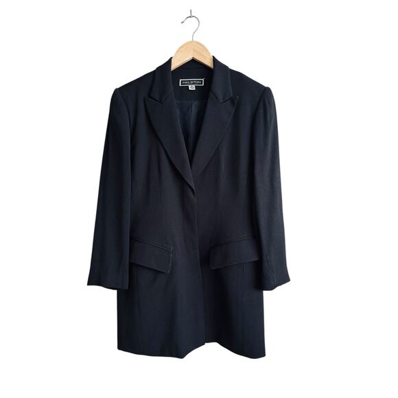 Halston Solid Black On Black Pin Stripe Long Blazer Jacket Size 8 - Picture 1 of 8